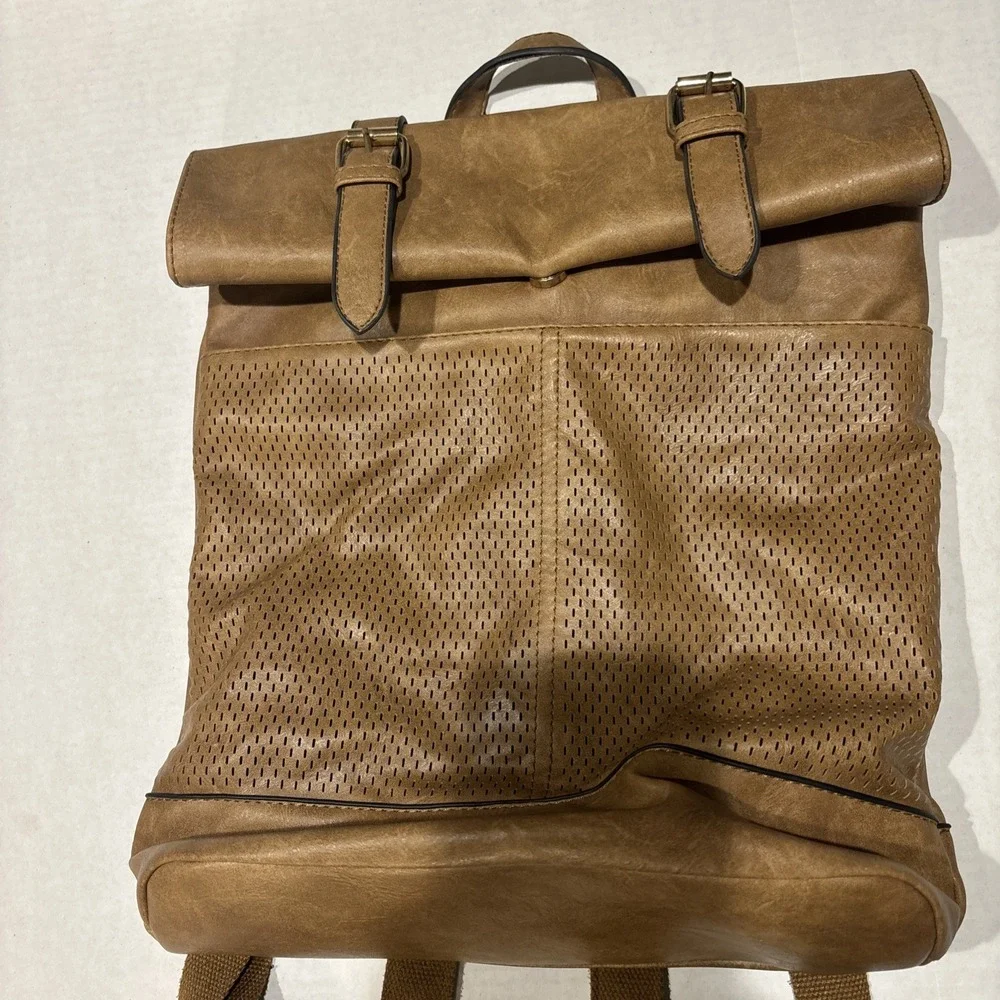 Parker Laser Cut Buckle‎ Fold Over Backpack Vegan Leather in Tan
